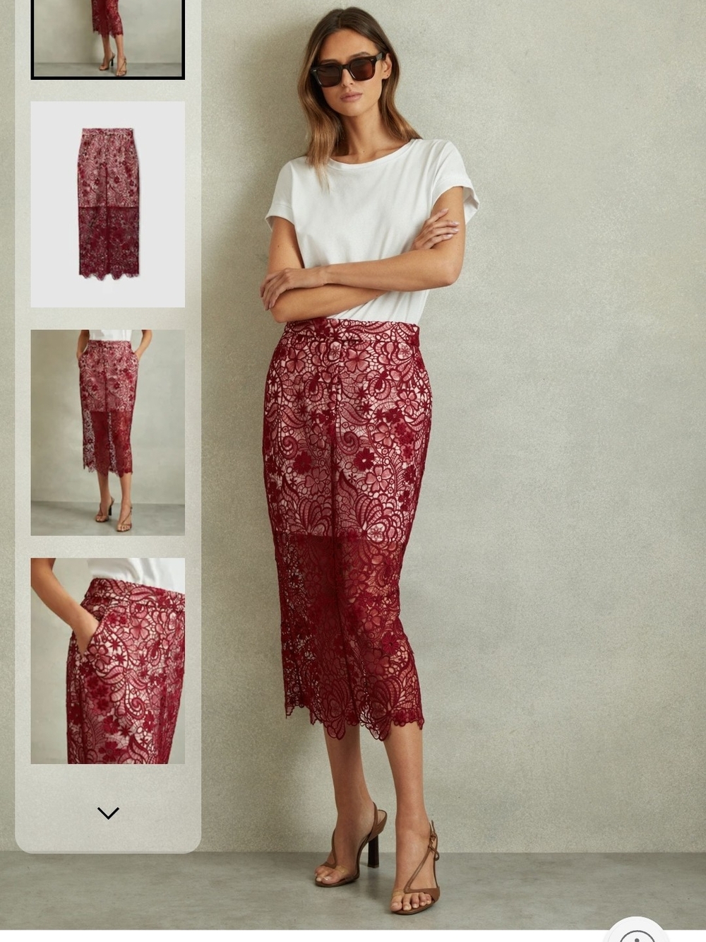 Reiss Flo Sheer Lace Midi Pencil Skirt in Burgundy